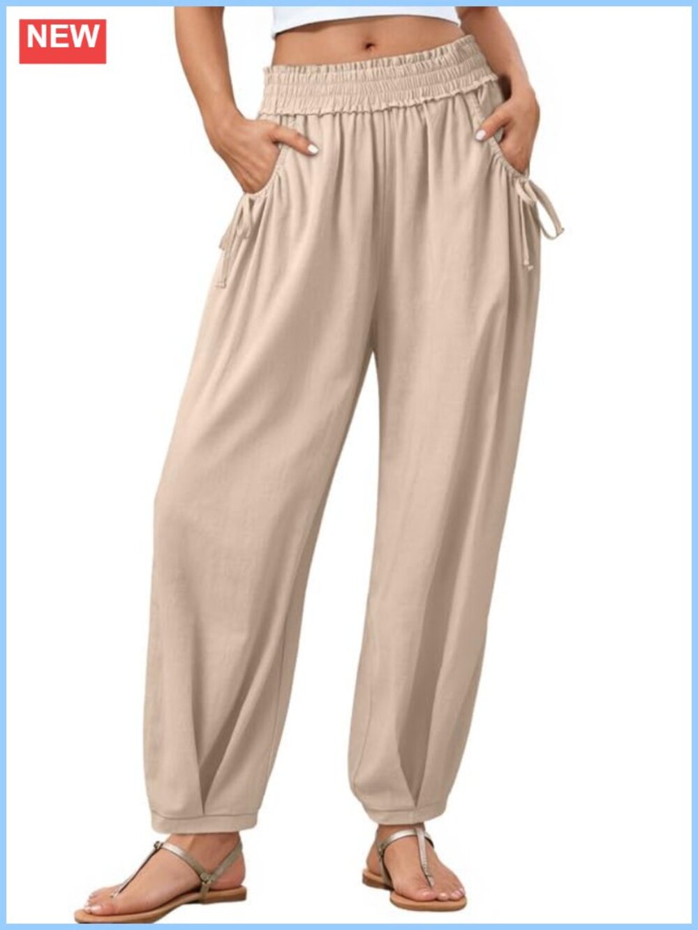 Wide Leg Linen Pants High Waist Smocked Elastic Lounge Palazzo Harem
